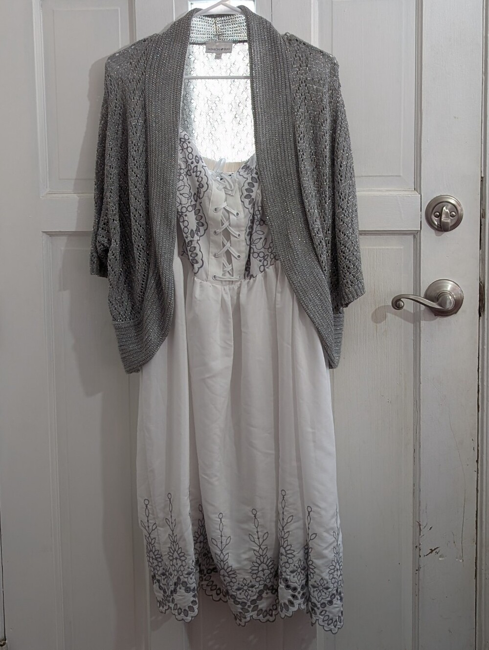 White Eyelet Midi Dress with Lace-Up Bodice and Silver Cardigan